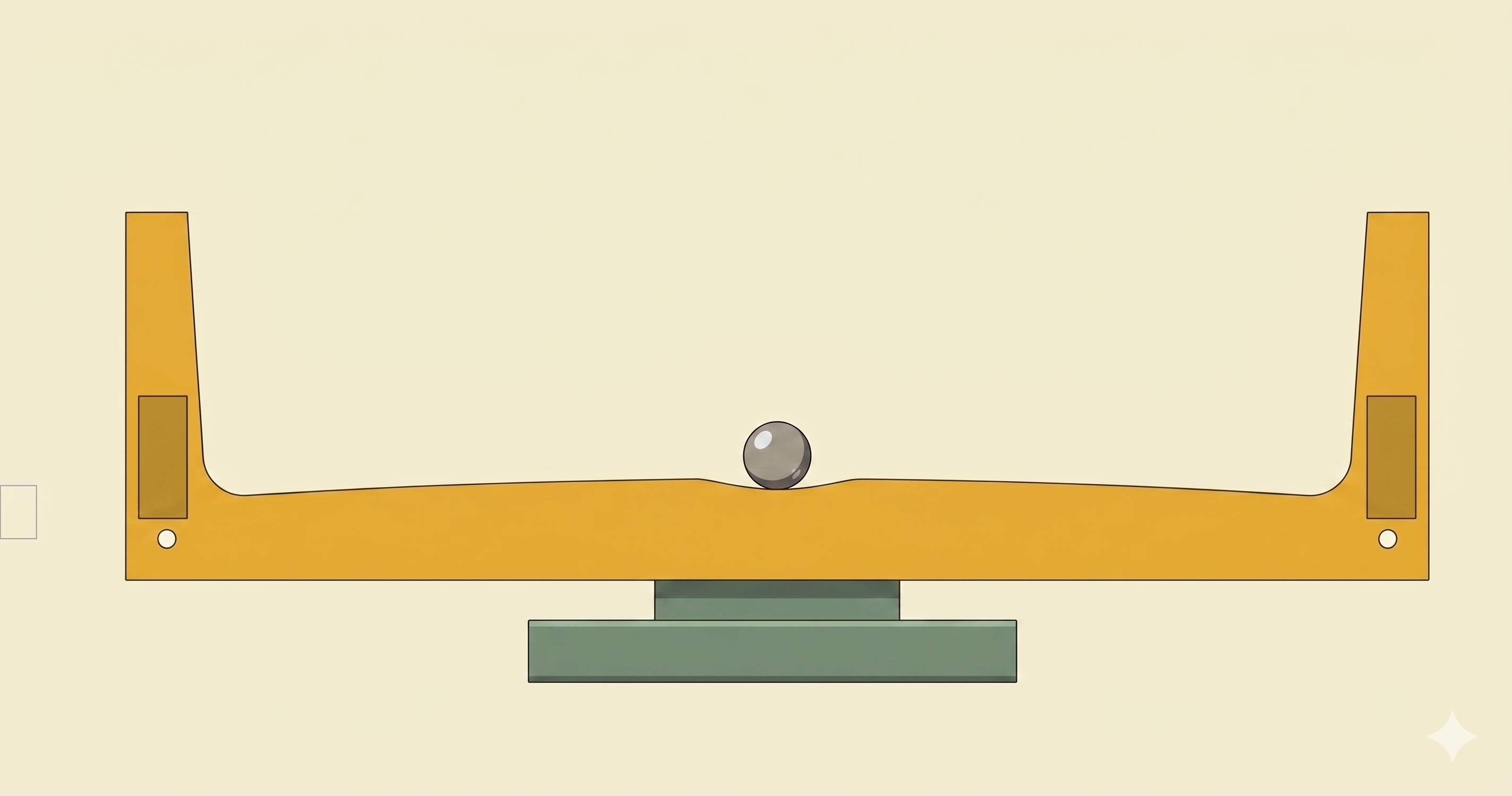 Ball-on-arc system diagram showing a ball rolling on a convex arc (with shallow concave dip) mounted on a linear cart with ToF sensors